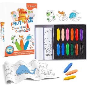YPLUS Peanut Crayons Set for Kids, Art Case with 12 Colors Crayons and Wall Sticker Paper Rolls, Non-Toxic Toddler Coloring Supplies Stocking Stuffers for Kids Toddler
