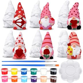 Poen 6 Sets Ready to Paint Your Own Valentine's Day Gnome DIY Unpainted Ceramics Gnome Figurines Kit Drawing Valentine's Day Figurines DIY Art and Craft with Brush Palette Paint Decor Gifts