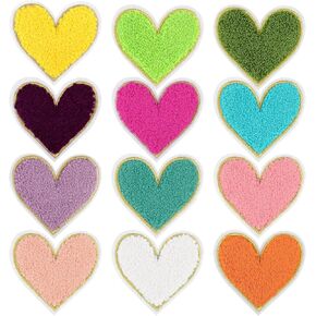 12 PCS Heart Iron on Patches Chenille Heart Patch Cute Colorful Embroidery Sew On Heart Shaped Ironable Patches Heart Patches Appliques for Jackets Jeans Hats Bags Clothes