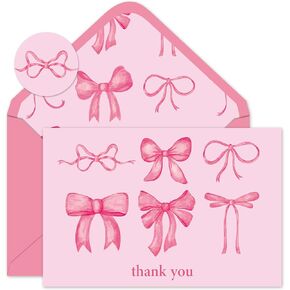 Whaline 24 Pack Valentine's Day Pink Thank You Cards Watercolor Pink Bow Blank Note Cards with Envelopes Stickers Pink Bow Greeting Cards for Wedding Birthday