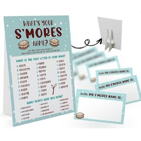 ما هي لعبة الاسم S'mores الخاصة بك (علامة واحدة S'mores و 30 ملصقات علامة الاسم) ، زخرفة حفلة لعبة S'mores ، لعبة عيد ميلاد للأطفال ، عائلة Game-28