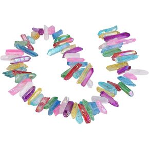 TUMBEELLUWA Titanium Coated Rock Crystal Points Loose Beads Top Drilled Colorful Quartz Stone Sticks Spikes 15-16 Inches Strand