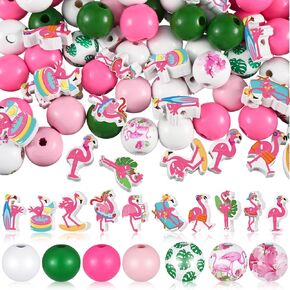 Tradder 200 Pieces Flamingo Wood Beads Summer Wooden Beads for Crafts Tropical Wood Beads with Flamingo Palm Leaves Round Beads for Jewelry Making Home Decoration DIY