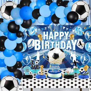 Soccer Birthday Party Decorations for Boys Men 88Pcs Blue Soccer Happy Birthday Banner Honeycomb Centerpieces Balloons Arch Cake Topper Tablecloth Supplies for Sport Football Ball Theme Party Decor