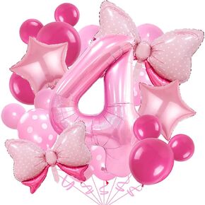 4th Birthday Decorations for Girls, 20PCS Pink Number Balloons 4th Birthday Balloon Set, Pink Bow Balloons Star Balloons with 40 Inch Pink Number 4 for Girl Birthday Party Decoration