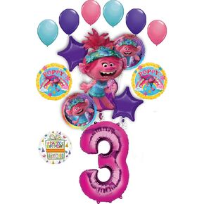 Poppy World Tour 3rd Birthday Party Supplies Trolls 15pc Balloon Bouquet Decorations