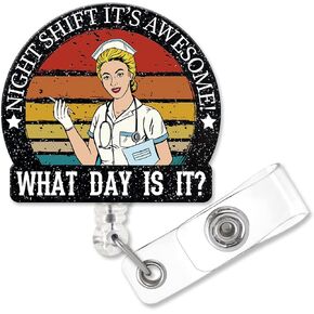 What Day is It Funny Shaped Badge Reel Holder with Metal Shark Clip, Funny Nurse Badge Reel Nightshift, Badge Gift for Night Shift Doctor Nurse Social Worker Colleague Teacher Anesthetist