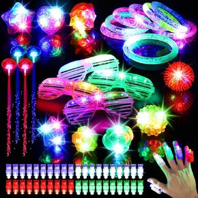 64 Pack Glow in the Dark Party Supplies, Light Up Toys Birthday Easter Party Favors, 40 Finger Flashing, 8 Jelly Ring, 4 Flashing Glasses, 8 LED Bracelet, 4 Fiber Optic Hair Light