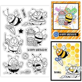 GLOBLELAND Funny Bees Clear Stamps Sewing Buttons Silicone Clear Stamp Seals Cartoon Animals Transparent Stamps for DIY Scrapbooking Cards Making Photo Album Journal