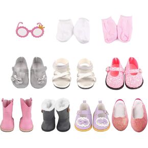 Doll Shoes for 18 Inches Dolls, 19 Pcs 18 Inches Doll Accessories Include 7 Pairs of Cute Shoes, 2 Pairs of Socks, Glasses, Doll Gray Snow Boots, Pink Boots, Sandals, Sequin Shoes, Bow Shoes
