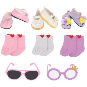 Doll Shoes for 18 Inches Dolls, 19 Pcs 18 Inches Doll Accessories Include 7 Pairs of Cute Shoes, 2 Pairs of Socks, Glasses, Doll Gray Snow Boots, Pink Boots, Sandals, Sequin Shoes, Bow Shoes