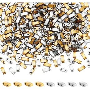 NBEADS 386 Pcs Half Tila Beads, 5×2mm Synthetic Hematite Tila Beads 2 Hole Seed Beads Mini Japanese Beads for Bracelet Necklace Earring Jewelry Making, Gold and Silver