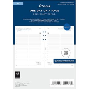Filofax Calendar Diary Refill, A5 Size, Day on One Page with Appointments, White Paper, Multilingual: Five Languages, 2025 (C68515-25)