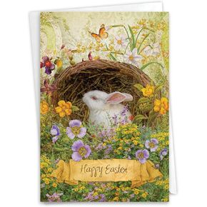 NobleWorks Easter Greeting Card with 5 x 7 Inch Envelope (1 Card) Bunny Flowers C10963EAG