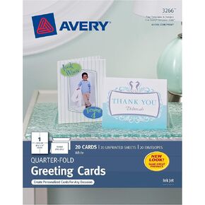 Avery Printable Greeting Cards, Quarter-Fold, 4.25" x 5.5", Matte White, 20 Blank Cards with Envelopes (3266)