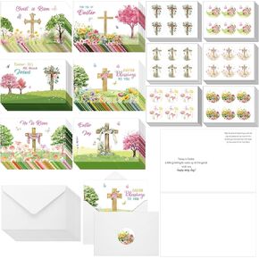 240 Pcs Inspirations Easter Card Bulk with Scripture Easter Greeting Cards with Envelops Stickers He Is Risen Cards Spring Jesus Cross Inspiring Bible Cards for Christians Party Favors