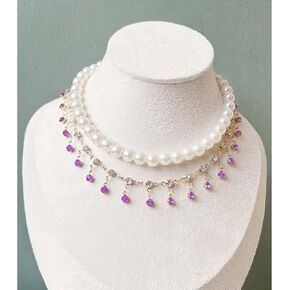 Elegant Double Layers Cat Pearl Necklace with Love Heart Diamonds Accessories, Luxury Sparkling Pet Birthday Party Stacking Collar for Occasions and Gatherings (S(7.8‘’-9.8‘’), Pearl Hearts)
