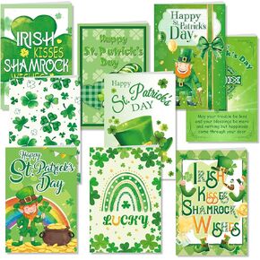 HOWAF 9pcs St. Patrick’s Day Card with Envelope Stickers Green Shamrock Gift Cards for St Patrick's Day Party Favors, Irish Green Festival Greeting Cards Leprechaun Cards Lucky Clover Cards Assorted