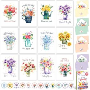 Decorably 24 Pack Gold Foiled 4x6in Floral Get Well Cards with Envelopes and Stickers, 12 Flower Designs, with Printed Message Inside
