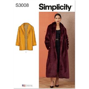 Simplicity SS3008Y5 MEASS 'FAUX FUAX FUR Coat Pattern Packet ، Design Code S3008 ، أحجام 18-20-22-24-26 ، متعدد الألوان