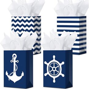 16 Pack Nautical Party Paper Bags and Tissue Paper Nautical Gift Bags with Handles Nautical Candy Bags Marine Anchors Goody Treat Bags for Nautical Themed Birthday Party Supplies (Navy Style)