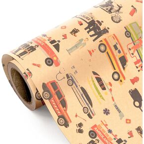 WRAPAHOLIC Kraft Car Wrapping Paper - Mini Roll - 17 Inch x 16.5 Feet - Adorable Police Fire Trucks Animal Design, Perfect for Kids Boys Birthday, Baby Shower