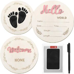 2 Pcs Baby Announcement Sign, 5.9in Hello World Newborn Sign with Ink Pad Pen, Birth Announcement Sign Wood Baby Name Sign for Hospital Nursery Baby Shower Photo Prop