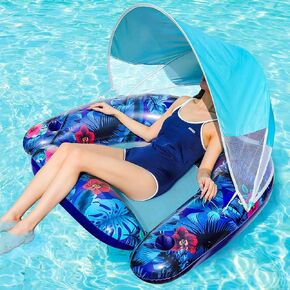 FindUWill Pool Floats with Canopy for Adults - XL Floaties Chair with Cup Holder and Removable Sun Shade, Heavy Duty Inflatable Floating Lounger for Pool Party, Summer Water Fun Party