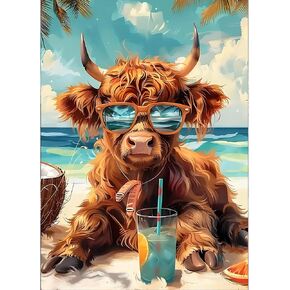 GDYEEH DIY 5D Highland Cow Diamond Art Kits, Sandy Beach Round Full Drill Sparkling Diamond Painting Picture, Diamond Painting Art Kits Craft for Adults Beginners, Home Wall Decor 12x16inch