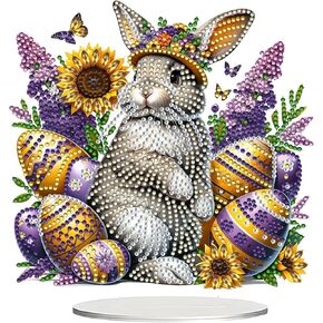 JJFox DIY Easter Egg Rabbit Tabletop Diamond Art Painting Kit，Special Shaped Rhinestone Desk Placement Ornament，Home Stand Up Gem Painting Craft Kit，Double Sided