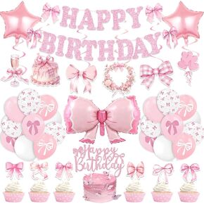 Pink Bow Birthday Party Decorations Girl Bow Themed Party Decorations Include Happy Birthday Banner Hanging Swirls Balloons Cake Toppers for Girls Baby Shower Bridal Shower Bachelorette Party Decor