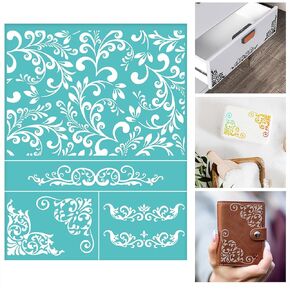 2pcs Flower Border Stencils 8.5x11 Corner Pattern Silk Screen Stencils Reusable Floral Mesh Transfer Stencil Template for Home Decor Paint on Wood/Fabric/Wall/Cup/Plate/Glass/Paper