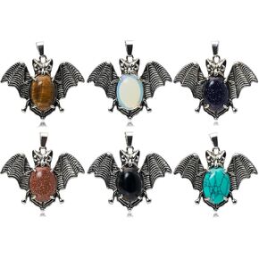 6 Pieces Tiny Bat Charm Necklace Bat Pendant Necklace Vampire Jewelry Halloween Oval Gemstone Setting Best Friends Gift