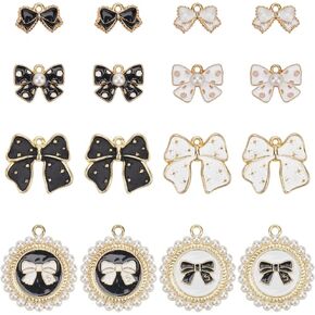SUNNYCLUE 1 Box 48Pcs 8 Styles Black Bowknot Charms Bow Knot Charms Bulk Alloy Enamel Metal White Gold Pearl Coquette Bow Charms for Jewelry Making Charms DIY Necklace Bracelet Earring Crafting Women