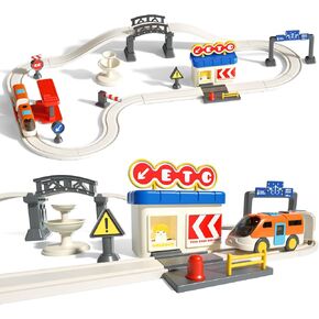 RedCrab Urban Rail Train Set Toy for Adventure,35PCS Train Track with Magnetic Link Train Highway Toll Gas Station, Gifts for Kids Age3+,Electric Train Set for Birthday Christmas Children's Day