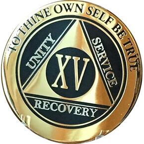 RecoveryChip 15 Year AA Medallion Elegant Black Gold Silver Bi-Plated Alcoholics Anonymous Chip