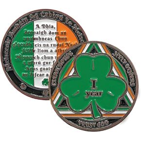 MYRECOVERYSTORE Green Shamrock Recovery Medallion in Years 1-50 Serenity Prayer in Gaelic on Rear