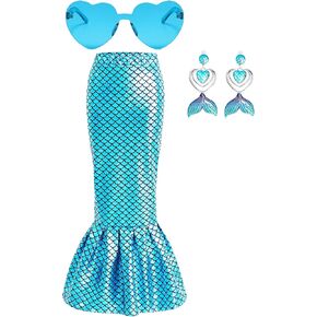 Girls Shiny Mermaid Fish Tail Skirts Dress Outfits Festival Long Skirt with Same Color Accessories for Kids 4-12 Years