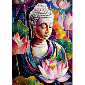 MOGTAA Buddha Diamond Art Kits for Adults, Buddhism Diamond Painting Kits for Beginners, DIY 5D Diamond Dots Kits Flowers Gem Craft for Home Wall Art Decor 12x16 inch