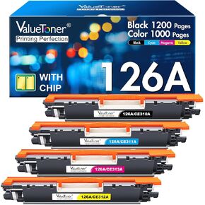 استبدال خرطوشة الحبر المعاد تصنيعها Valuetoner لـ HP 126A CE310A CE311A CE312A CE313A للألوان PRO MFP M175 M275 CP1025NW LASER LASER (Black ، Cyan ، Magenta ، أصفر ، 4 عبوات) in Kuwait