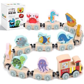 LovesTown 11PCS Magnetic Wooden Sea Animal Train Set, Montessori Toys for Toddlers Ocean Animal Toys for Preschool Learning Activities Kids Birthday Gifts
