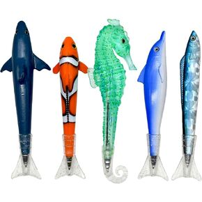 5PCS Novelty Fish Pens Clownfish Shark Pens Sea Horse Pens Dolphin Pens Sea Animal Ballpoint Pens With Fin Tail Black Ink Pen For School Supplies Birthday Party