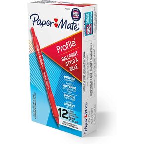 Paper Mate Ballpoint Pen, Profile Retractable Pen, Medium Point (1.0mm), Red, 12 Count
