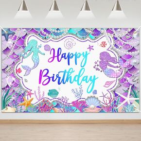 Mermaid Birthday Backdrop Glitter Purple Mermaid Banner Happy Birthday Party Decorations for Girls Mermaid Photo Background