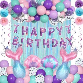 Mermaid Birthday Party Decorations Supplies Hanging Swirls Banner Fringe Curtain Tissue Pom Poms Purple Blue Pink Shell Foil Balloon Mermaid Theme Party Baby Shower for Kids Girls Women
