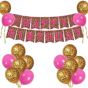 Happy Birthday Banner Jungle Animal Print Baby Shower Theme Birthday Party Supplies for Girls Pink Birthday Party Cheetah Party Supplies Safari Animal Party Decoration