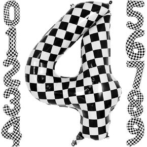 Checkered Number 3 Balloon 40 Inch, Large Foil Black and White Number Balloons, Big Mylar Number 3 Balloons for Race Car 3 Year Old Birthday Party Decorations Supplies