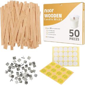 NOOR 50 Wooden Wicks for Candle Making - Double Layer Crackling Wood Wicks with Metal Clips - Smokeless, Eco-Friendly, Ideal for Soy Wax & DIY Candle Projects