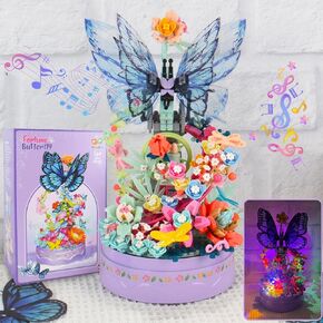 Topdear Light up Flower Butterfly Music Box Building Block, 630 PCS Creative Flowers Music Rotating Box Building Set for Adult, Flowers Building Toy Kit Gift for Mother's Day, Christmas