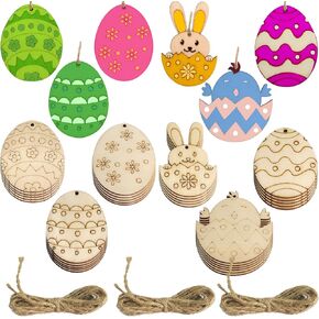 30 Pcs Easter Egg Wooden Cutout Thanksgiving Christmas Egg Wood DIY Crafts Embellishment Hanging Ornaments Unfinished Wooden Egg Slices with Twines for Easter Party Kids Paint Home Crafts Decorations